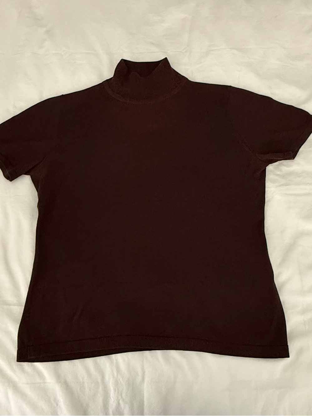 Jones & Co Silk Cotton Short Sleeve Mock Neck Sweater in Deep Chocolate Brown S